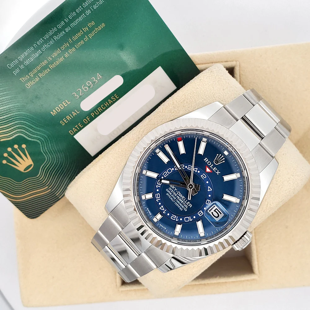 2022 Rolex Sky-Dweller White Gold Fluted Bezel Blue Index Dial Steel Oyster 42mm Watch 326934 Box Papers - Image 5