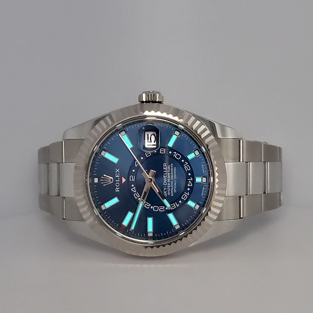 2022 Rolex Sky-Dweller White Gold Fluted Bezel Blue Index Dial Steel Oyster 42mm Watch 326934 Box Papers - Image 9