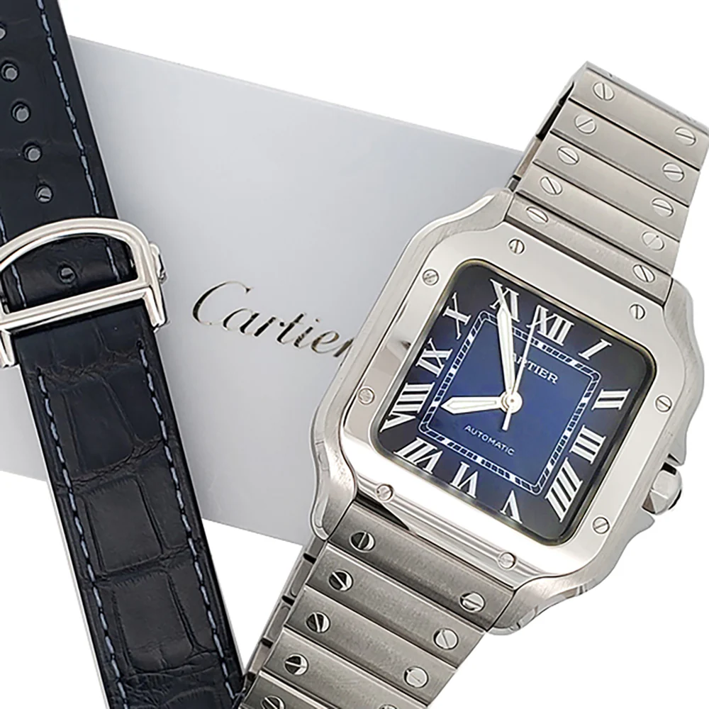 2023 Cartier Santos 35.1mm Blue Roman Steel Watch WSSA0063 Papers/Strap