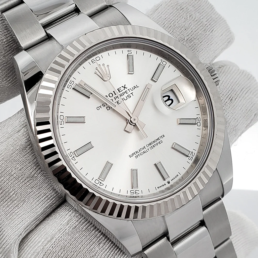 2023 Rolex Datejust 41 Silver Index White Gold Fluted Bezel Oyster Steel Watch 126334 Box Papers - Image 3
