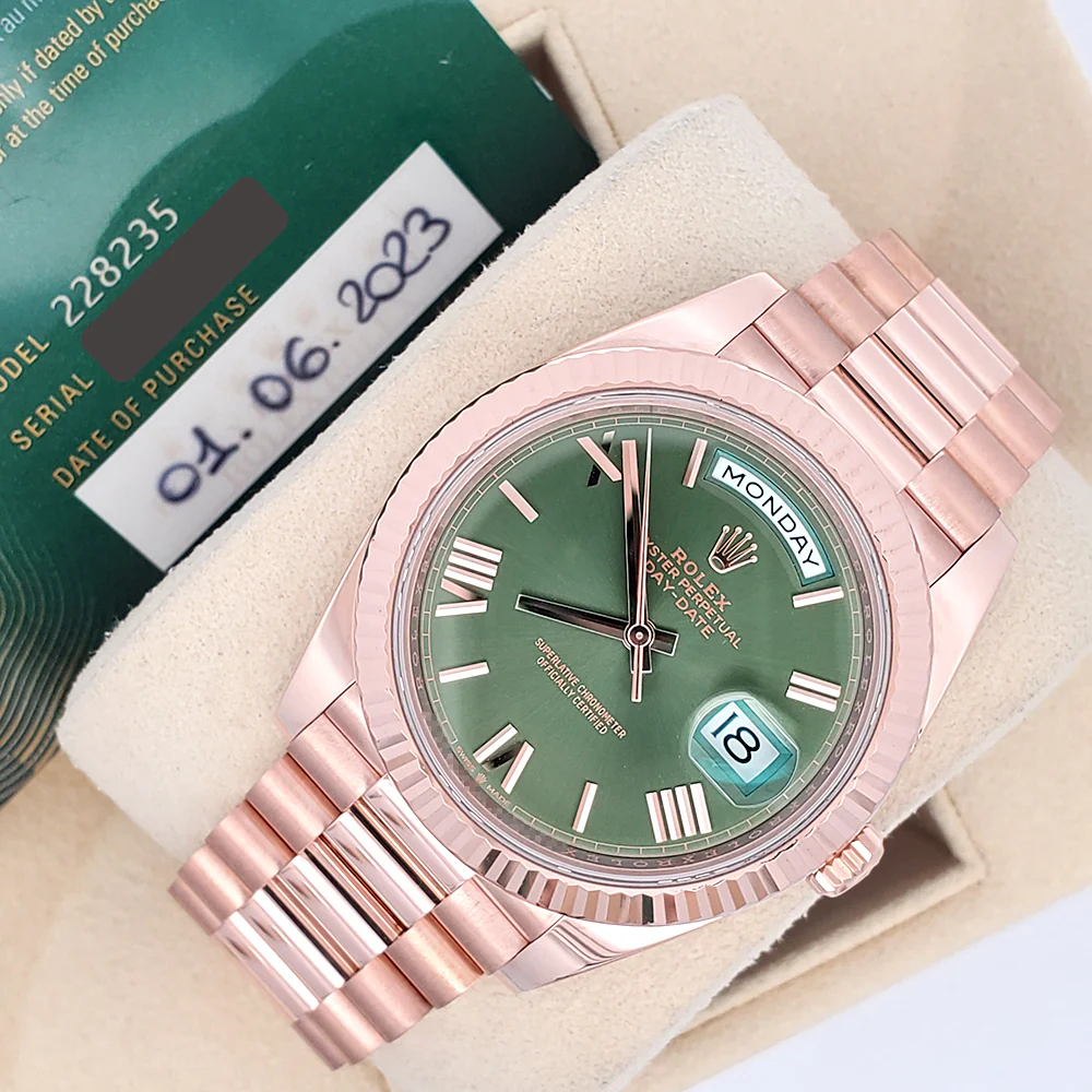 2023 Rolex Day-Date 228235 Rose Gold Fluted Bezel Olive Green Bevelled Roman Dial 40mm Watch Box Papers - Image 4