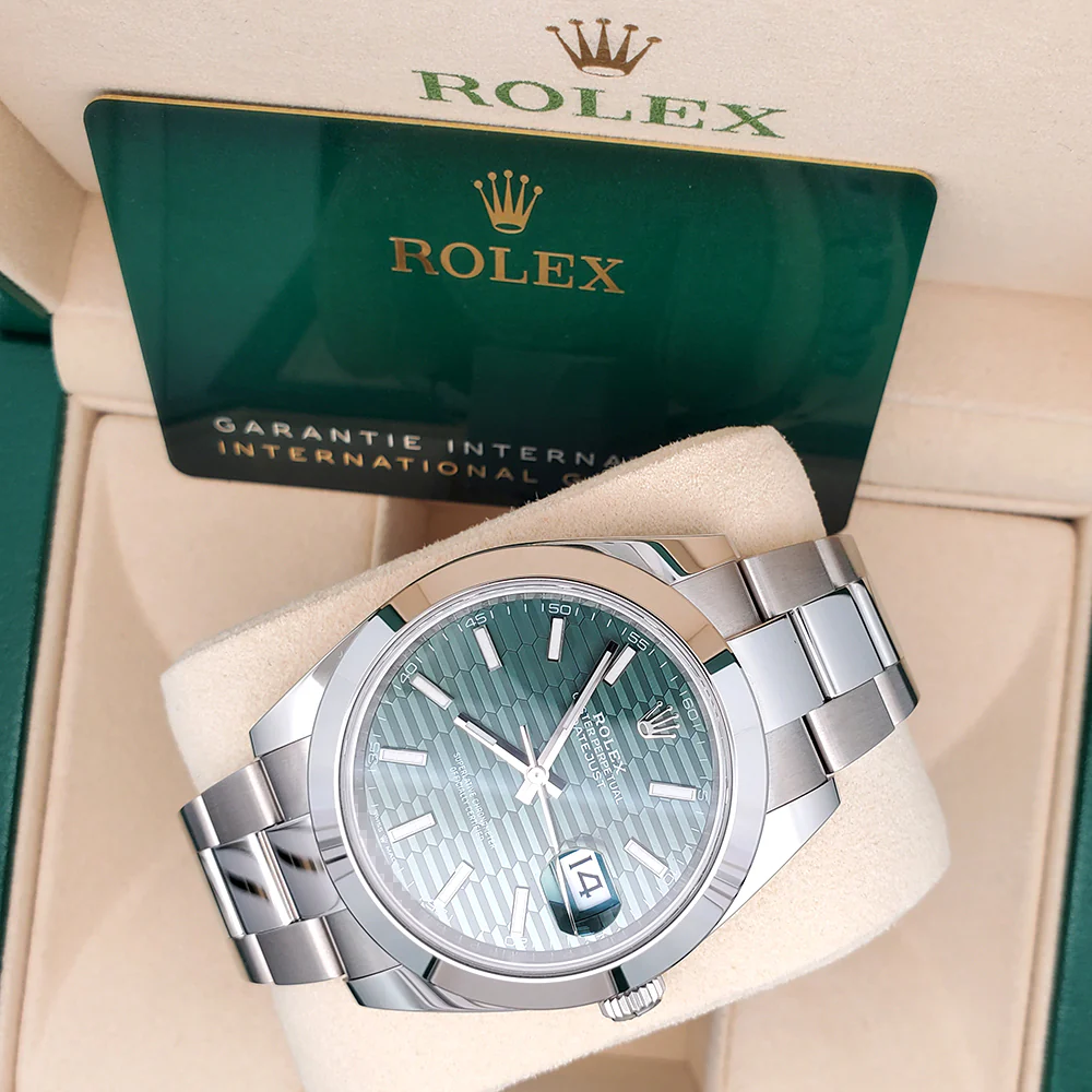 2023 Unworn Green Motif Rolex Datejust 41 Steel Oyster Watch 126300 Box Papers