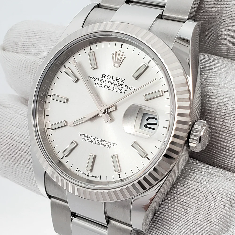 2023 Unworn Rolex Datejust 36mm 126234 Silver Index White Gold Fluted Bezel Steel Watch Box Papers