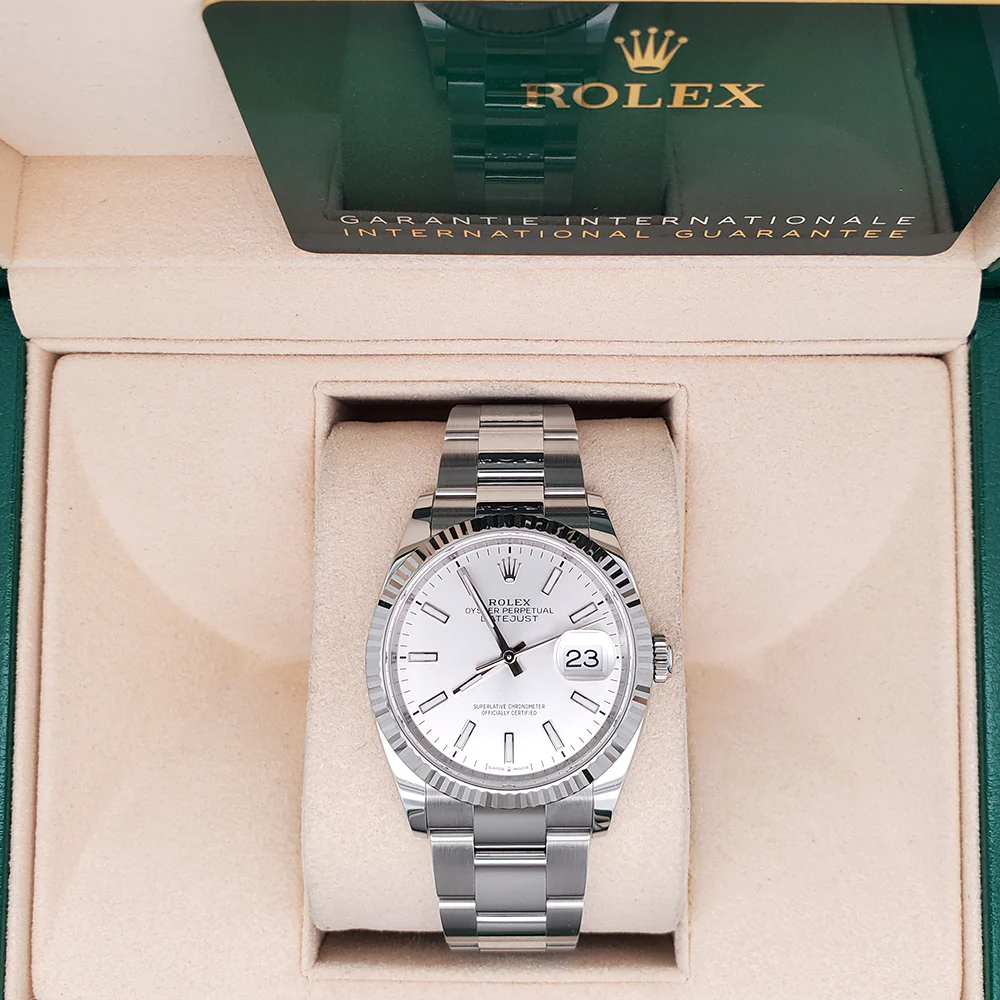 2023 Unworn Rolex Datejust 36mm 126234 Silver Index White Gold Fluted Bezel Steel Watch Box Papers - Image 3