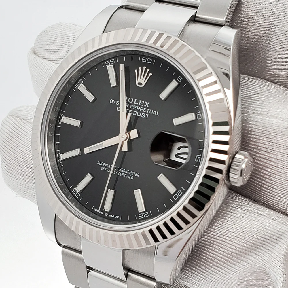 2023 Unworn Rolex Datejust 41 Black Index Dial White Gold Fluted Bezel Watch 126334 Box Papers