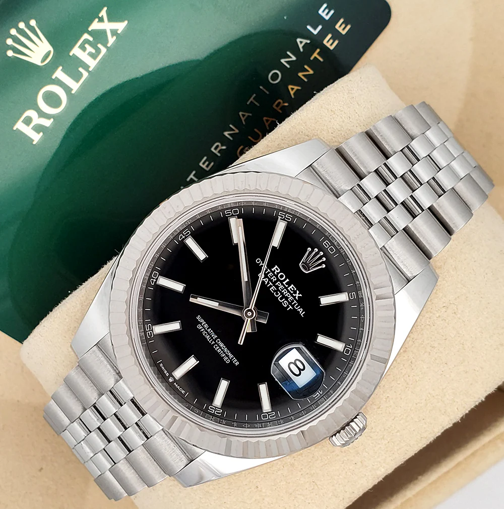 2024 Rolex Datejust 41 Black Index White Gold Fluted Bezel Steel Jubilee Watch 126334 Box Papers