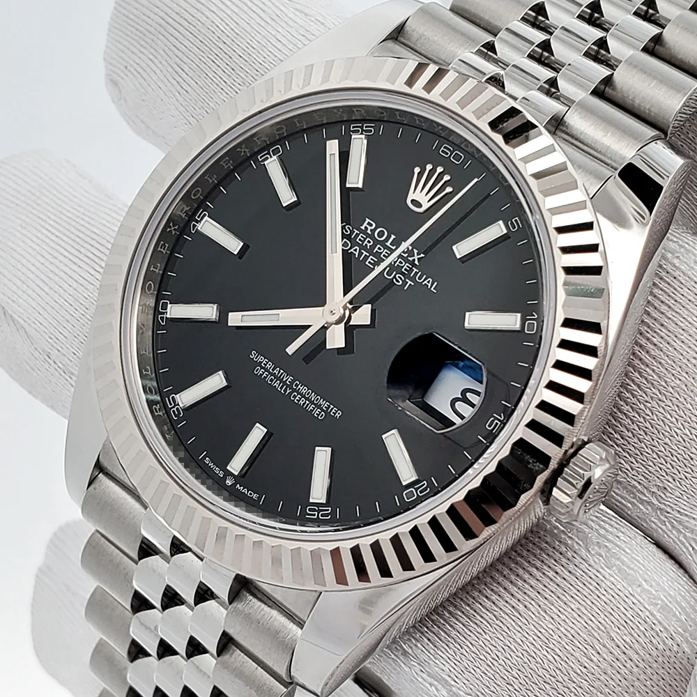 2024 Rolex Datejust 41 Black Index White Gold Fluted Bezel Steel Jubilee Watch 126334 Box Papers - Image 2