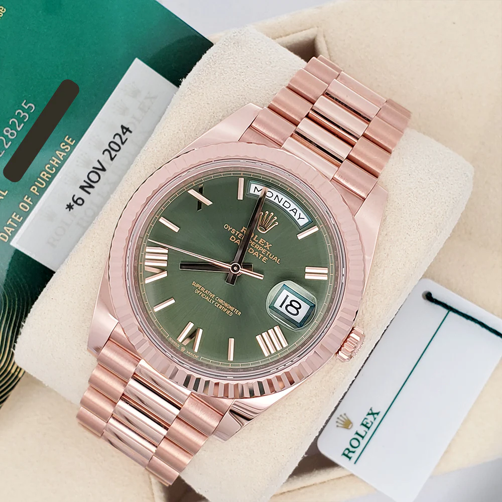 2024 Rolex Day-Date 228235 Rose Gold Fluted Bezel Olive Green Bevelled Roman Dial 40mm Watch Box/Papers/Tag - Image 4
