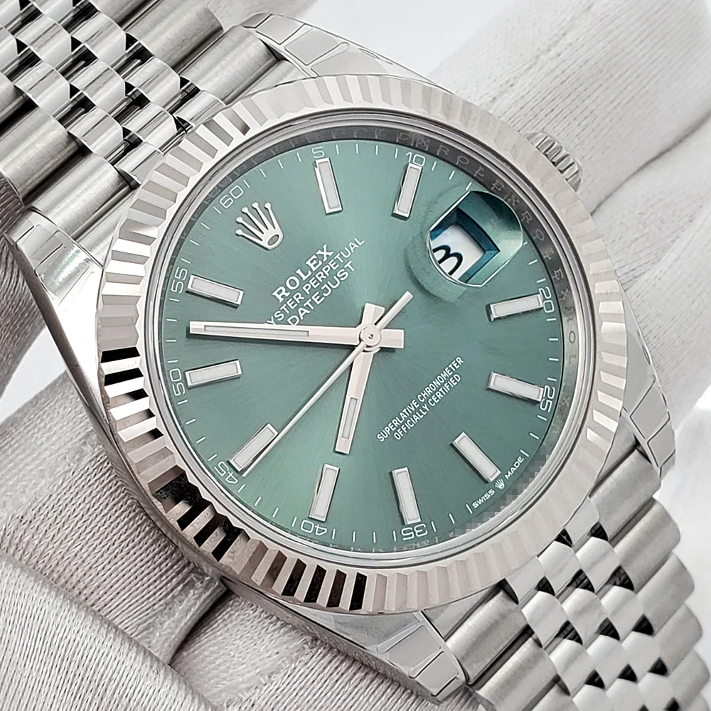 2024 Unworn Rolex Datejust 41 Mint Green White Gold Fluted Bezel Steel Jubilee Watch 126334 Box Papers - Image 3