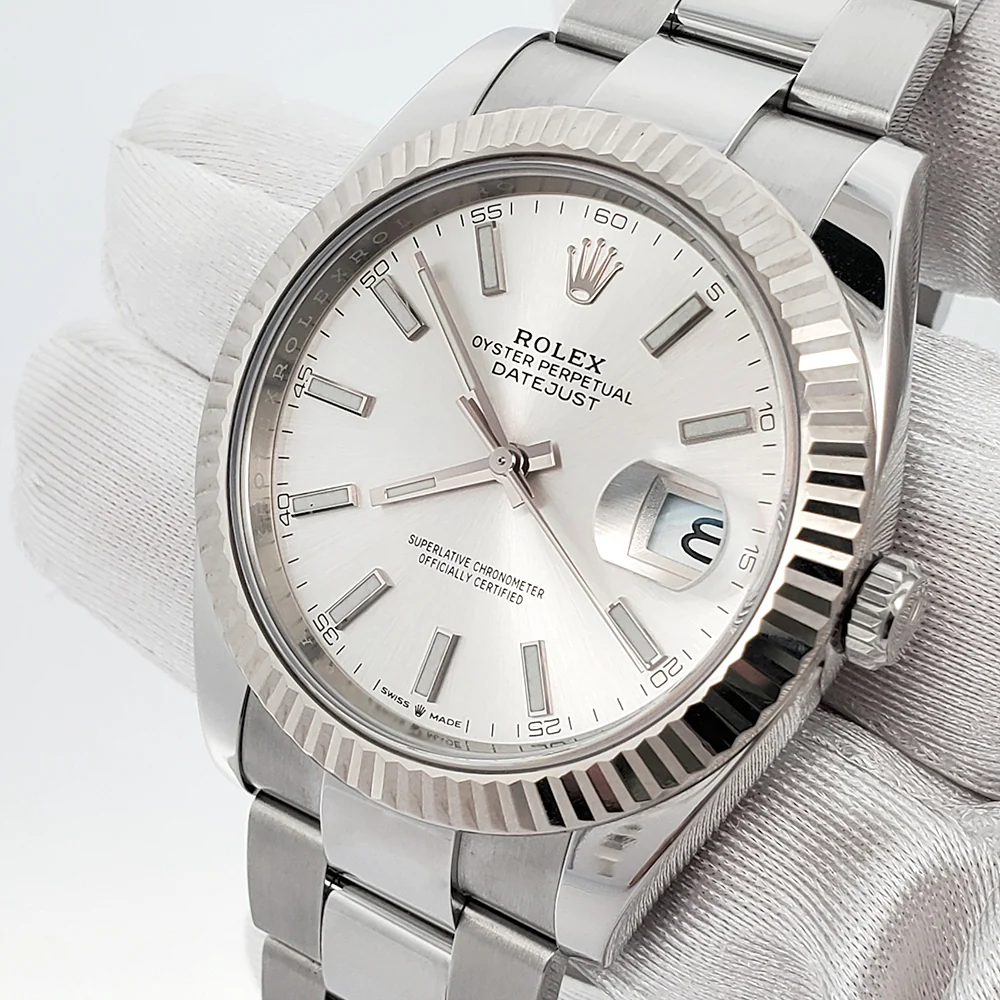 2024 Unworn Rolex Datejust 41 Silver Index White Gold Fluted Bezel Oyster Watch 126334 Box Papers - Image 3