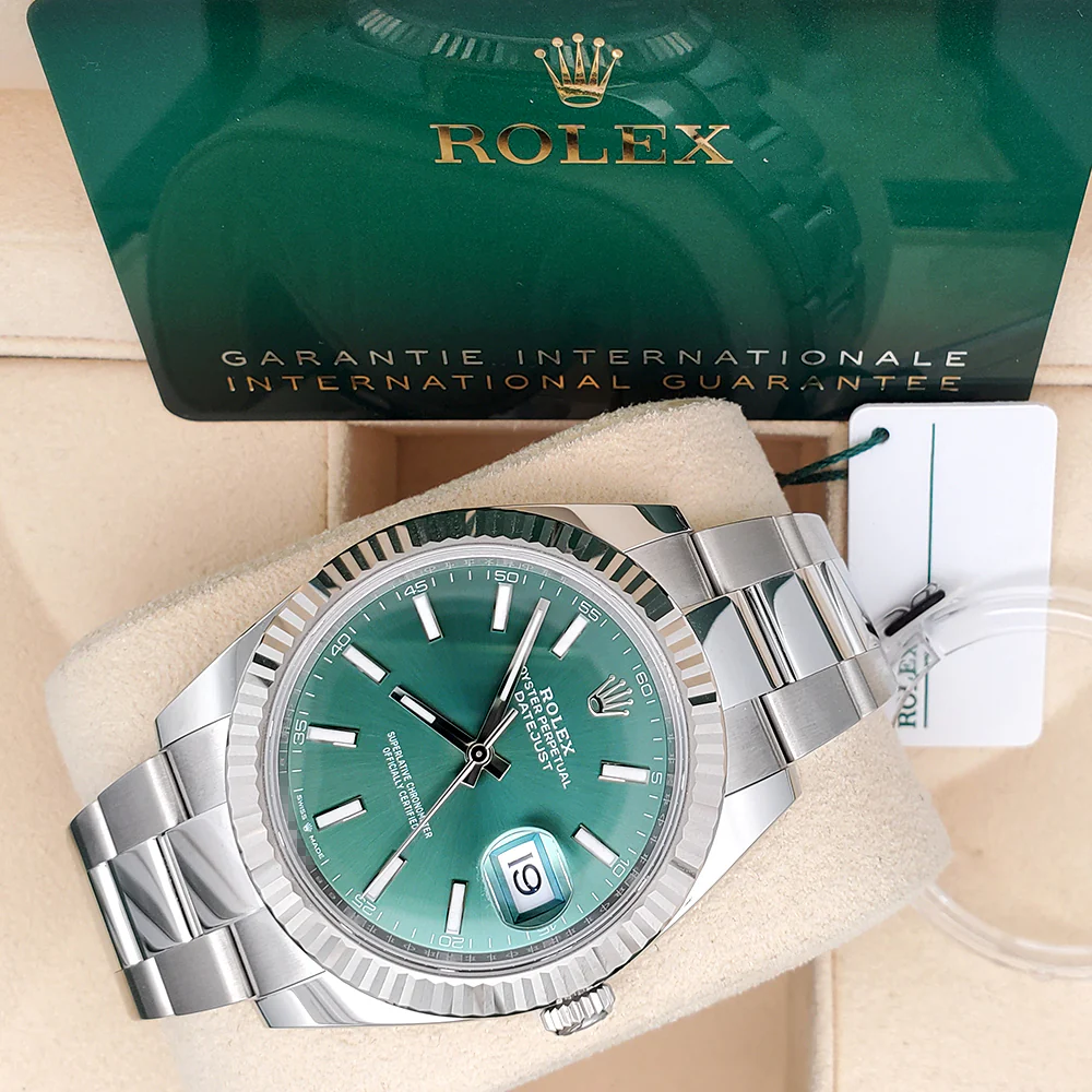 2025 Unworn Rolex Datejust 41 Mint Green White Gold Fluted Bezel Steel Oyster Watch 126334 Box Papers