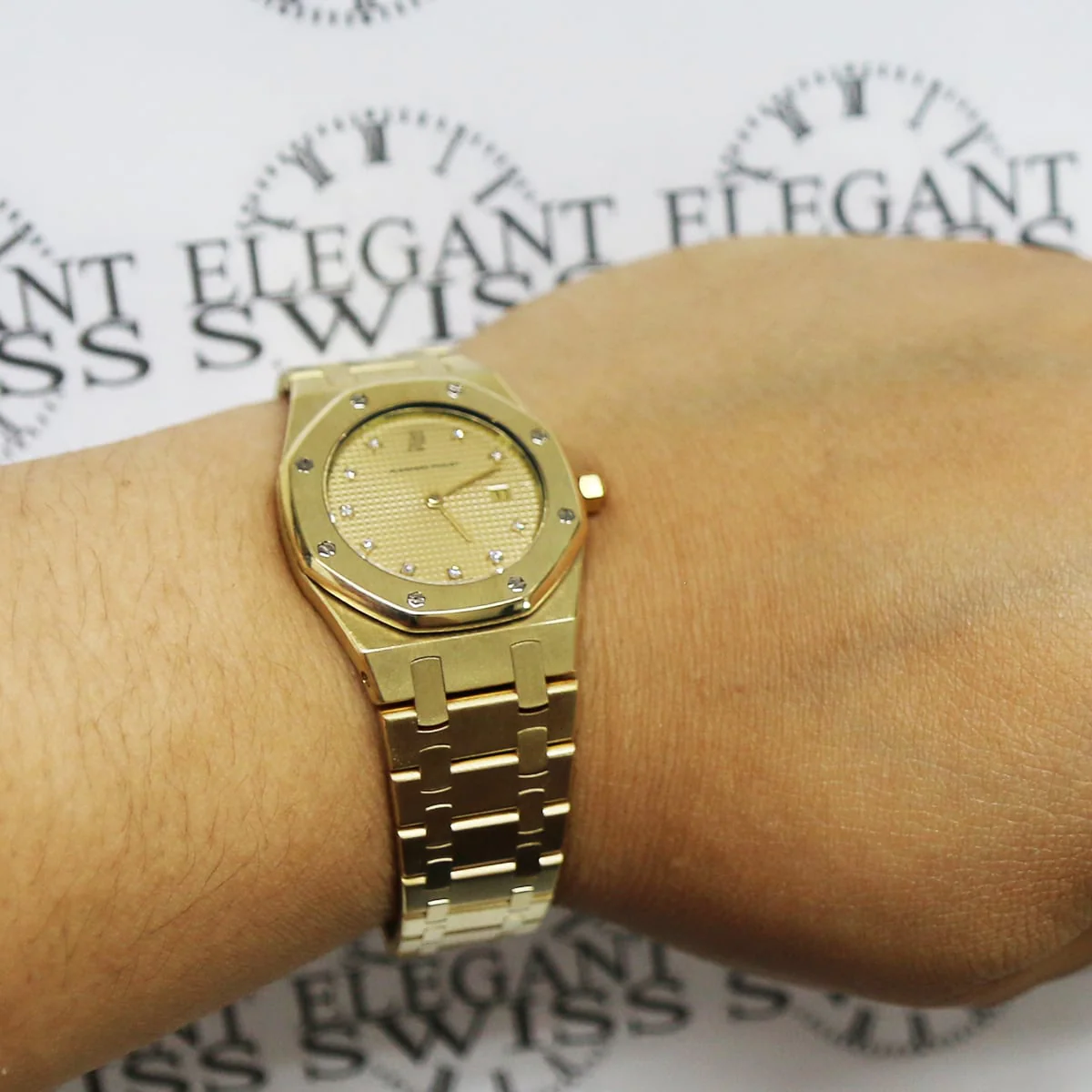 Audemars Piguet 31mm Royal Oak Mid-Size Gold Champagne Factory Diamond Dial Quartz Watch - Image 7