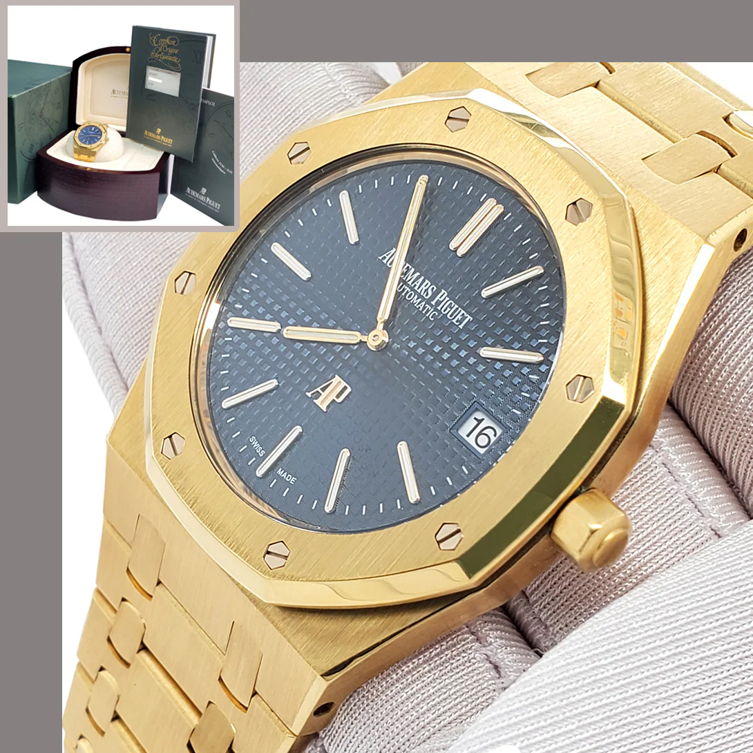 Audemars Piguet Royal Oak 39mm Jumbo Extra Thin Blue Dial Yellow Gold 15202BA Watch Box Papers