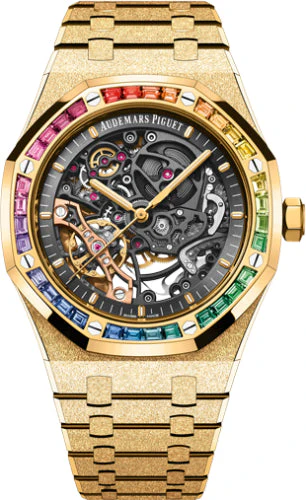 Audemars Piguet Royal Oak 41mm Frosted Gold Double Balance Wheel Openworked Yellow Gold Rainbow Gem-set Bezel | 15412BA.YG.1224BA.01-B