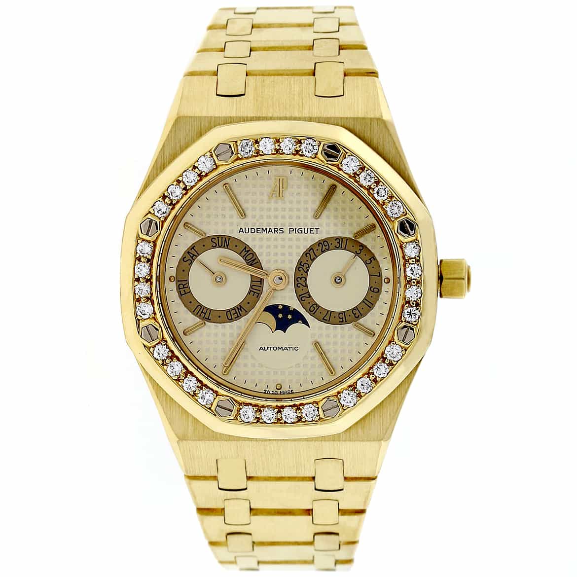 Audemars Piguet Royal Oak Day-Date Moonphase Calendar 18K Yellow Gold Automatic Mens Watch w/Diamond Bezel