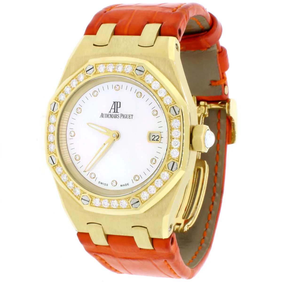 Audemars Piguet Royal Oak Lady 18K Yellow Gold Factory White MOP Diamond Dial Diamond Bezel 33mm Watch 67601BA.ZZ.D012CR.02 Box Papers