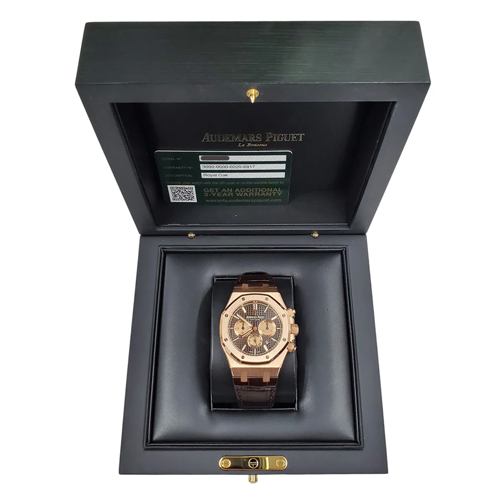 Audemars Piguet Royal Rose Gold Royal Oak Chronograph Brown Alligator Strap 41mm Watch 26331OR.OO.D821CR.01 Box Card - Image 3