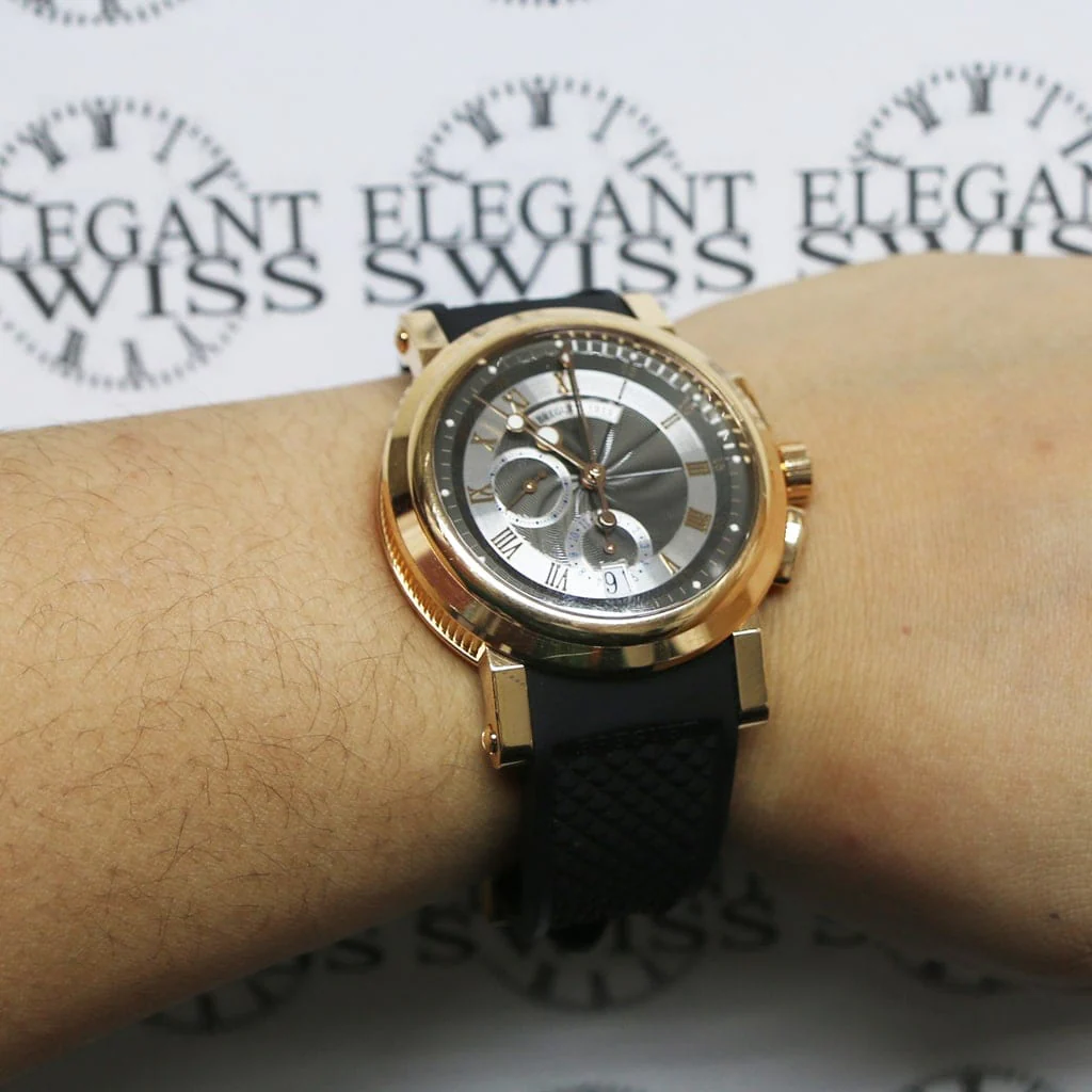 Breguet Marine 18K Rose Gold Chronograph 42MM Black Roman Dial Automatic Mens Watch 5827BR/Z2/5ZU - Image 4