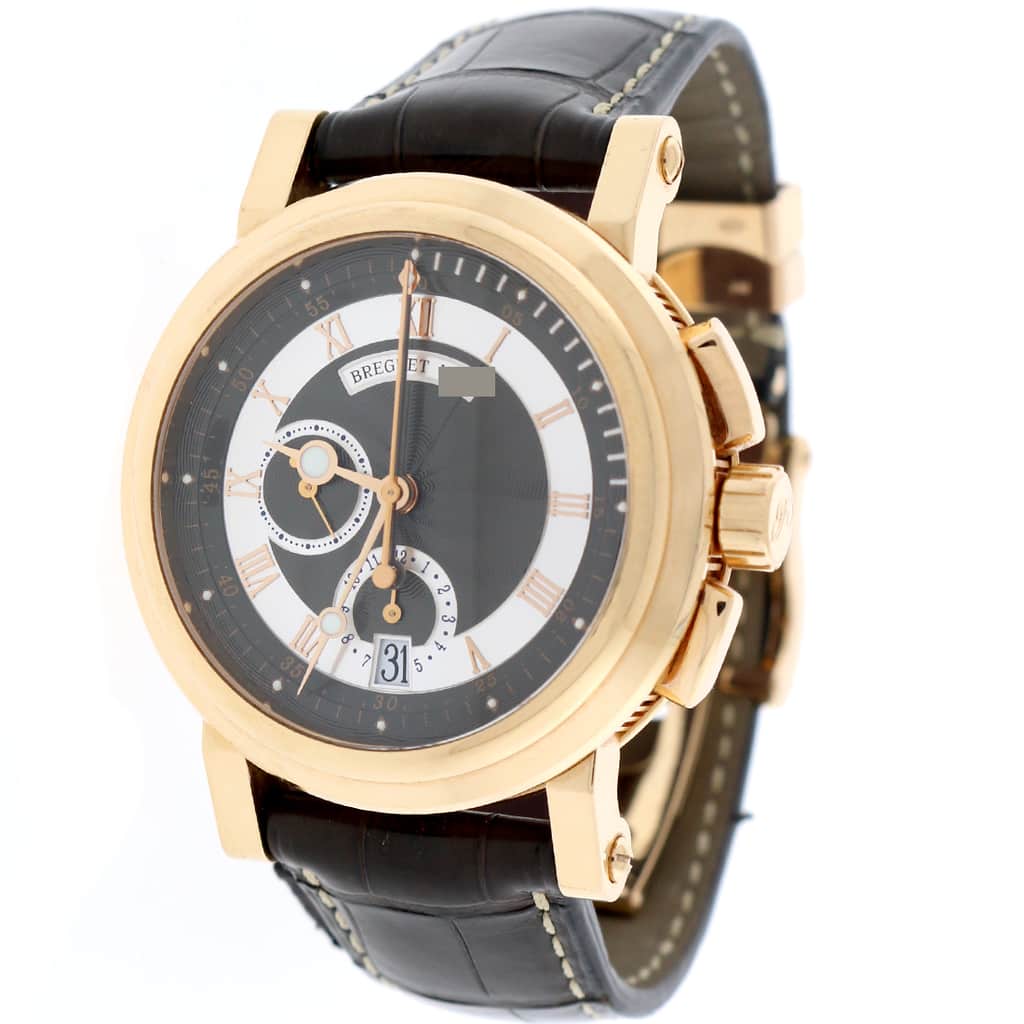 Breguet Marine 18K Rose Gold Chronograph 42MM Black Roman Dial Automatic Mens Watch 5827BR/Z2/5ZU