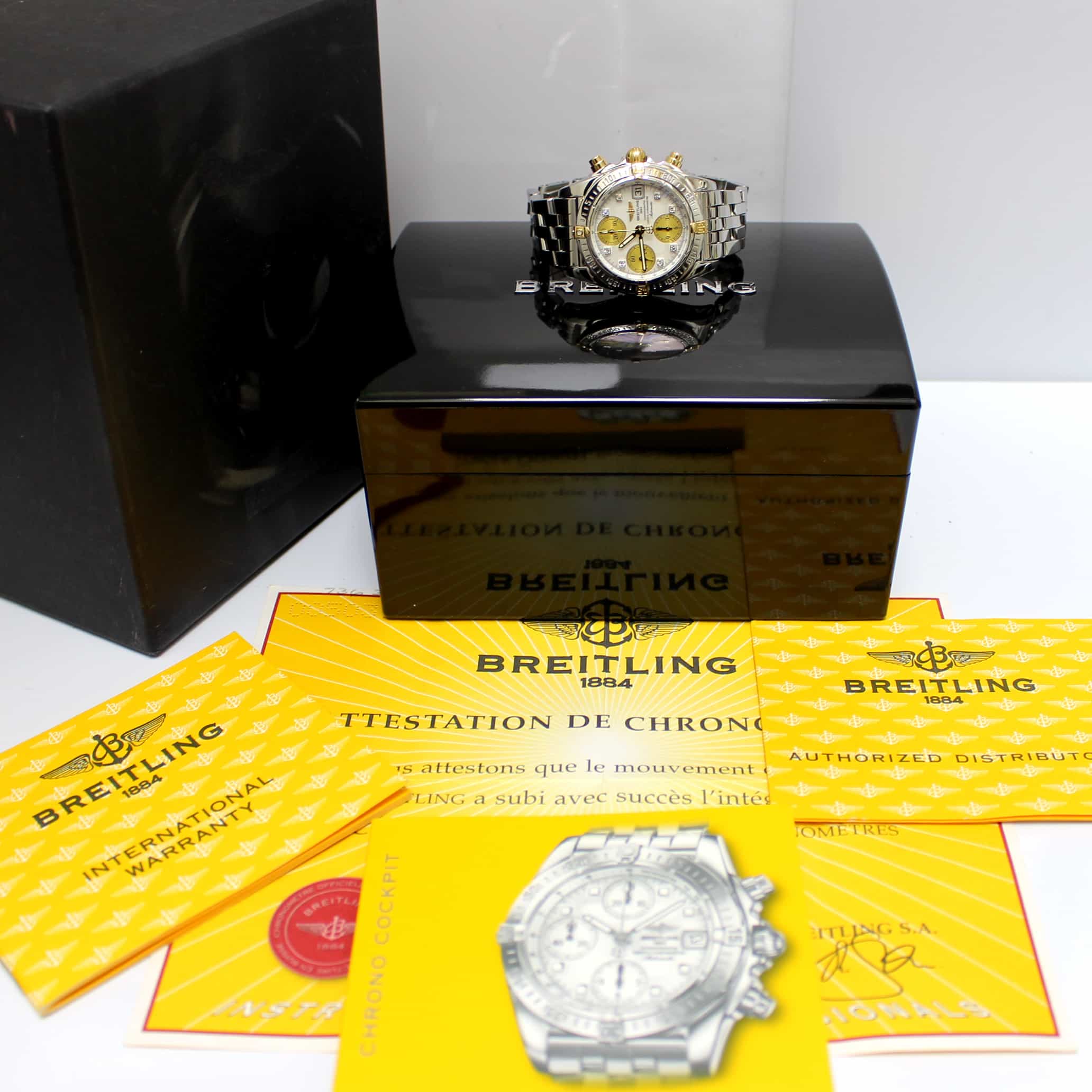 Breitling Chrono Cockpit 2-Tone 18K Yellow Gold & Stainless Steel Mother of Pearl Diamond Dial Automatic Mens Watch B13357 - Image 3