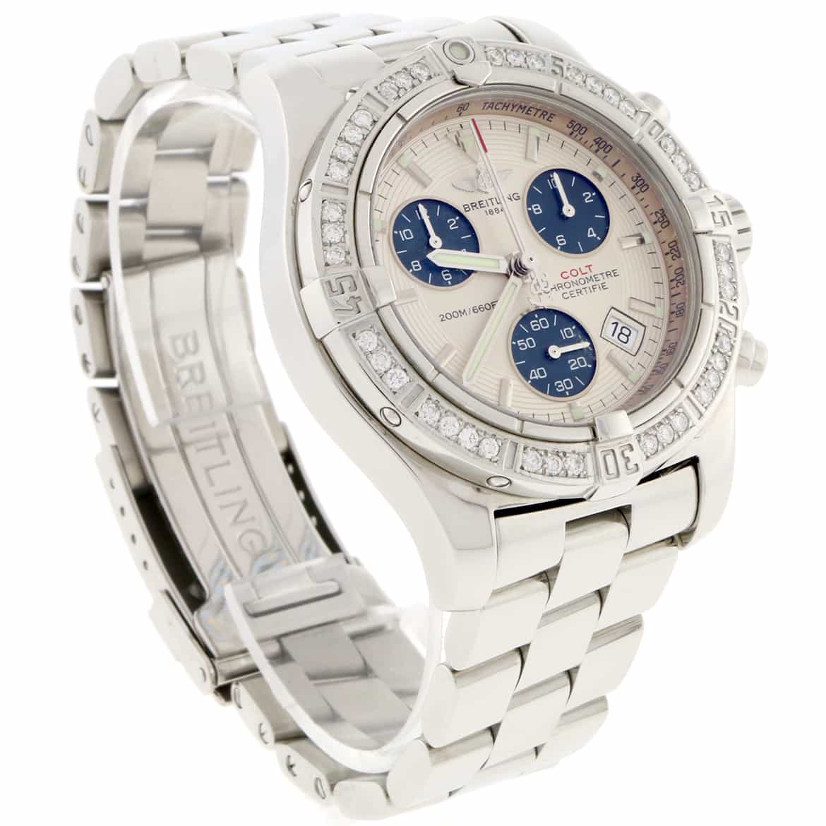 Breitling Chrono Colt Stainless Steel 41MM Silver Dial Chronograph Mens Watch A73380 w/Diamond Bezel - Image 3