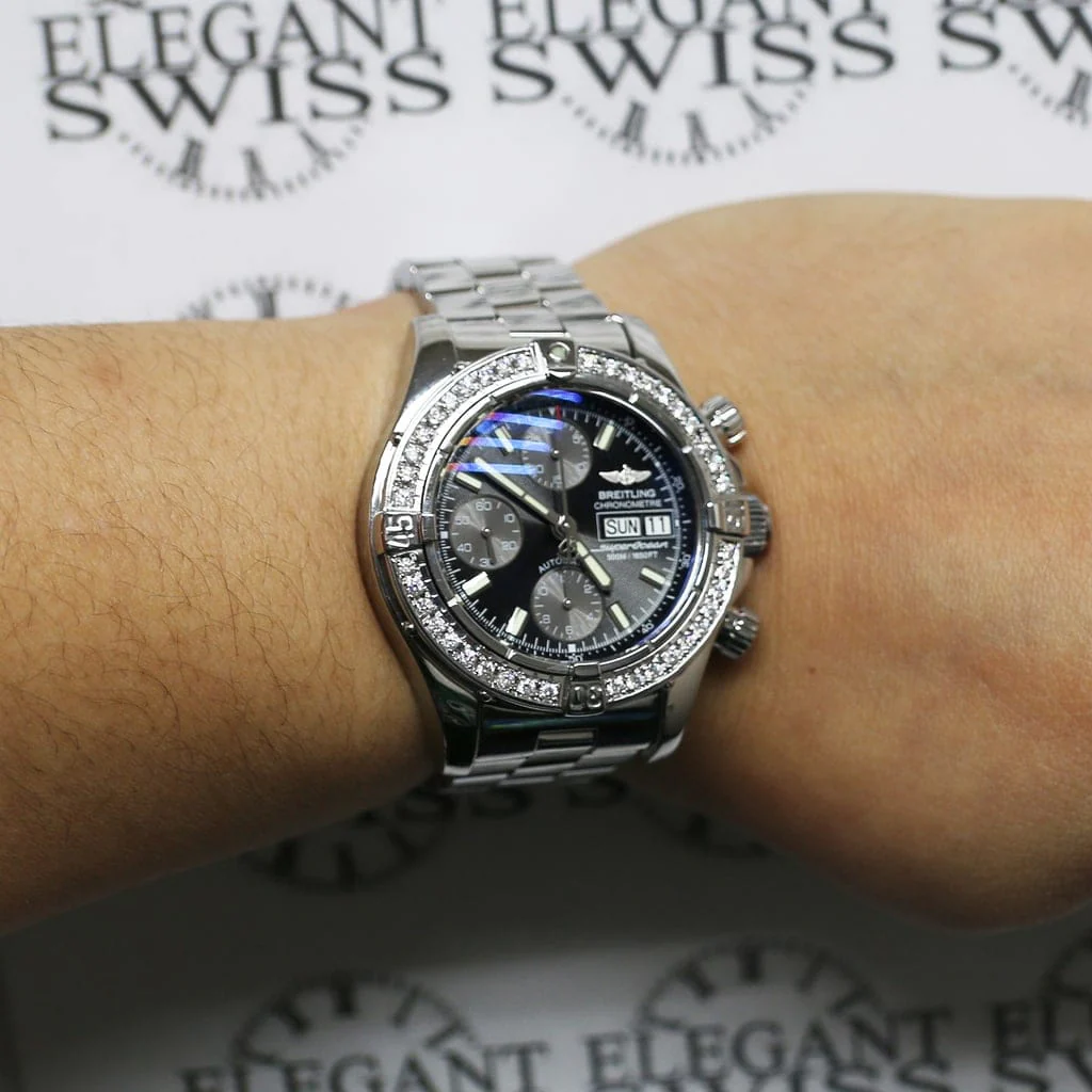 Breitling Chrono SuperOcean Day Date Black Concentric Dial 42MM Automatic Stainless Steel Mens Watch A13340 w/Diamond Bezel - Image 5