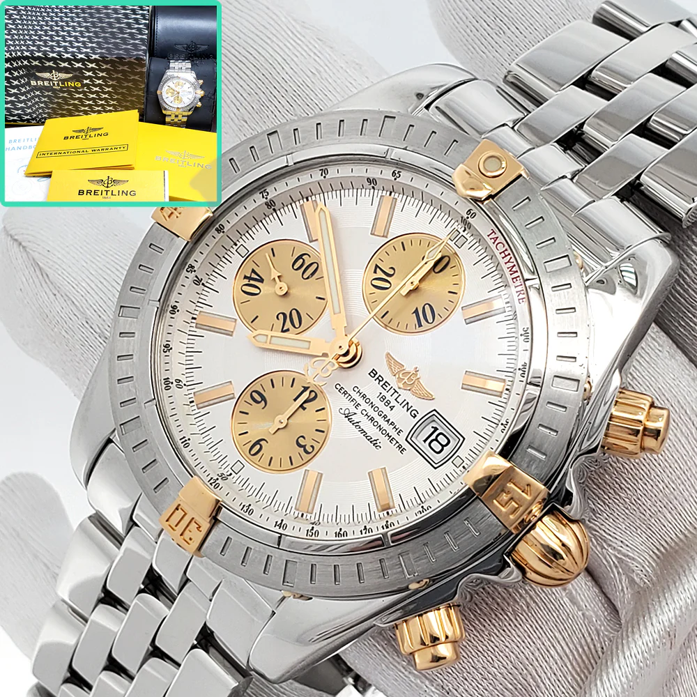 Breitling Chronomat Evolution Chronograph 44MM White MOP Dial Watch B13356 Box Papers