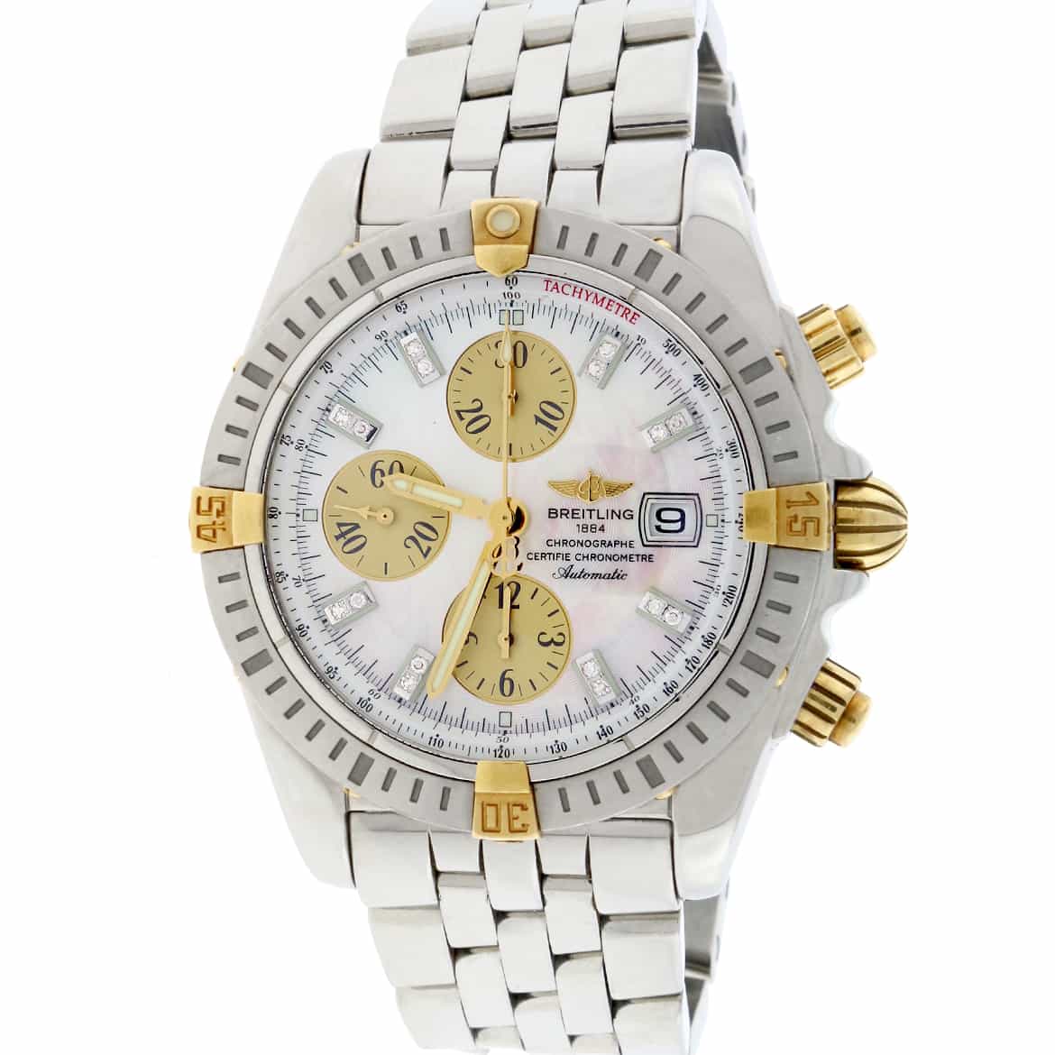 Breitling Chronomat Evolution Original MOP Diamond Dial Stainless Steel 44mm Chronograph Mens Watch B13356