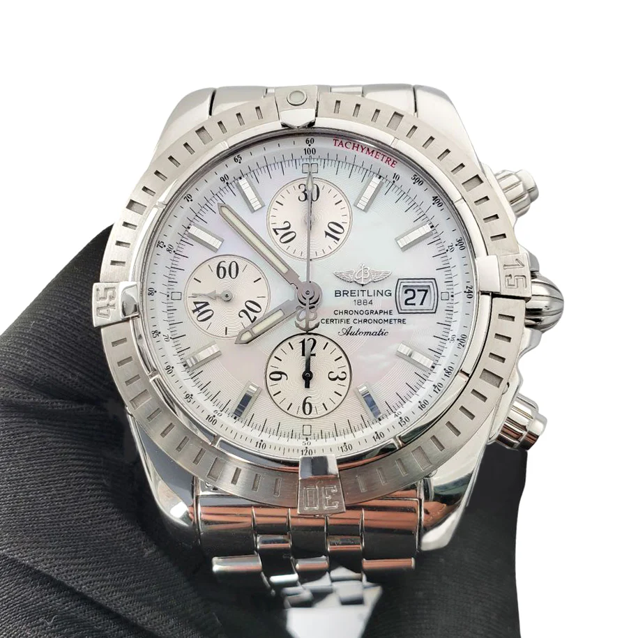 Breitling Chronomat Evolution White MOP Dial Chronograph 44mm Steel Watch A13356 Box Papers - Image 2