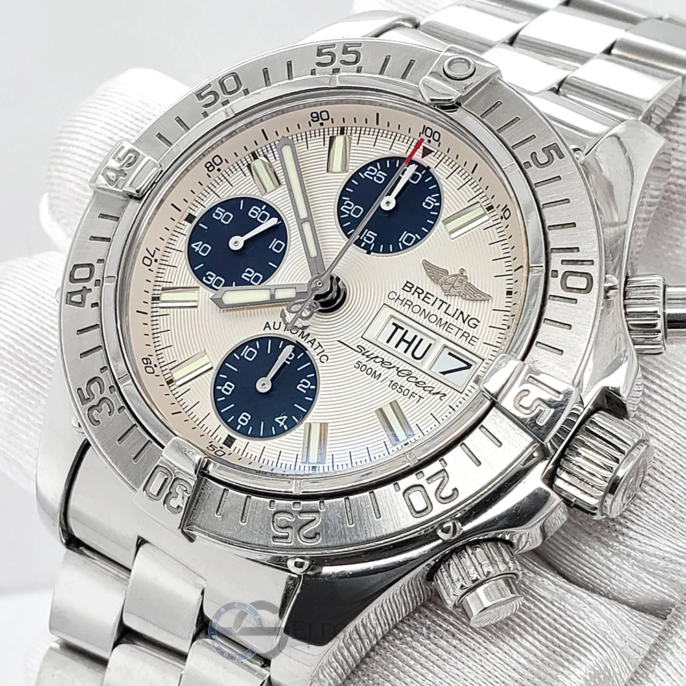 Breitling Chronometre Superocean 42MM Day Date Steel Watch with Silver Dial A13340 Box Papers