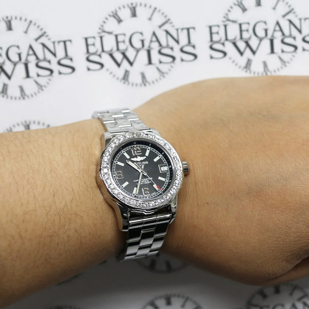 Breitling Colt 33 Factory Black Dial Stainless Steel Ladies Watch A77387 w/Diamond Bezel - Image 3