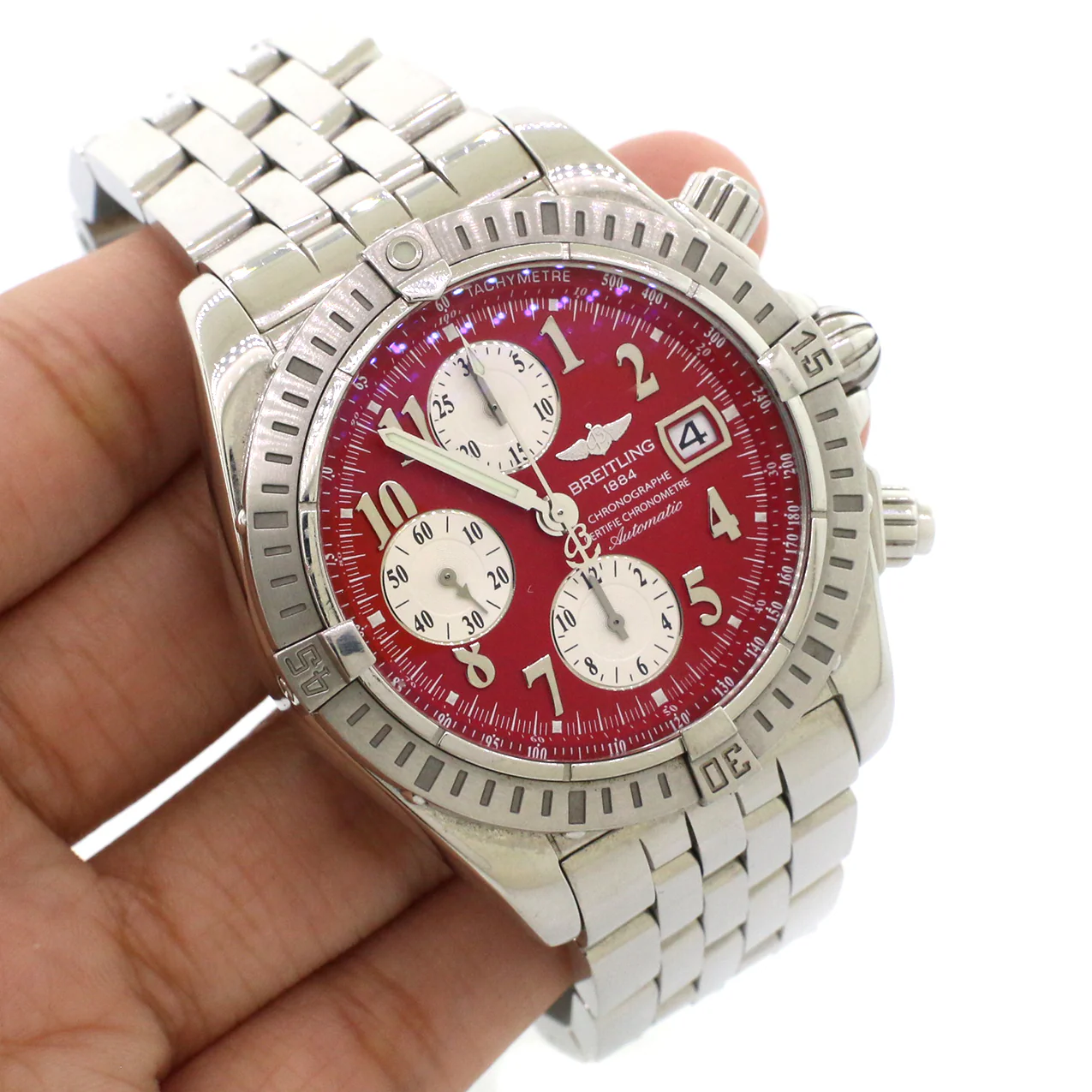 Breitling Evolution Red Dial Chronograph 44MM Steel Watch A13356 - Image 3