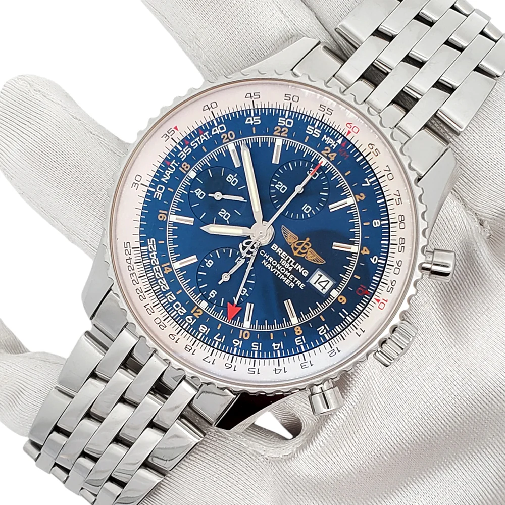 Breitling Navitimer Blue Dial World 46mm Chronograph GMT Steel Watch A24322 Box Papers - Image 4