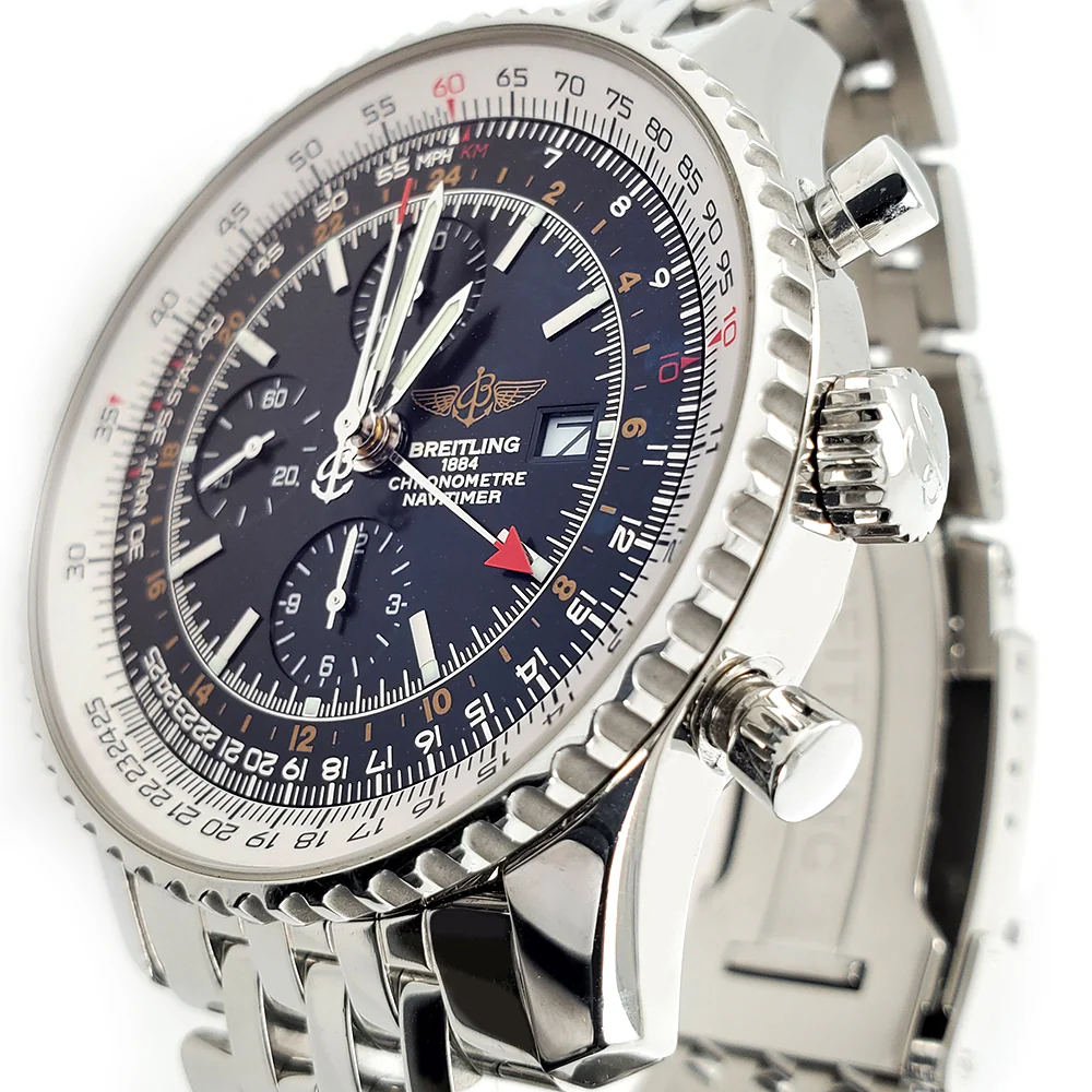 Breitling Navitimer World 46mm Chronograph GMT Stainless Steel Watch A24322 Box Papers - Image 3