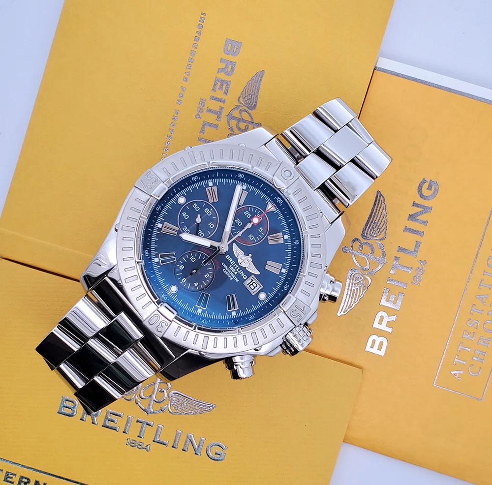 Breitling Super Avenger Blue Index Chronograph 48mm Steel Watch A13370 Papers - Image 4