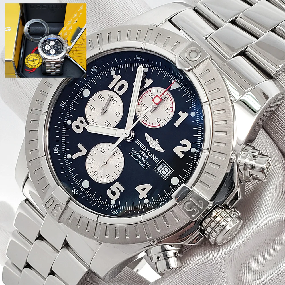 Breitling Super Avenger Chronograph 48mm Black Dial Steel Watch A13370 Box Papers