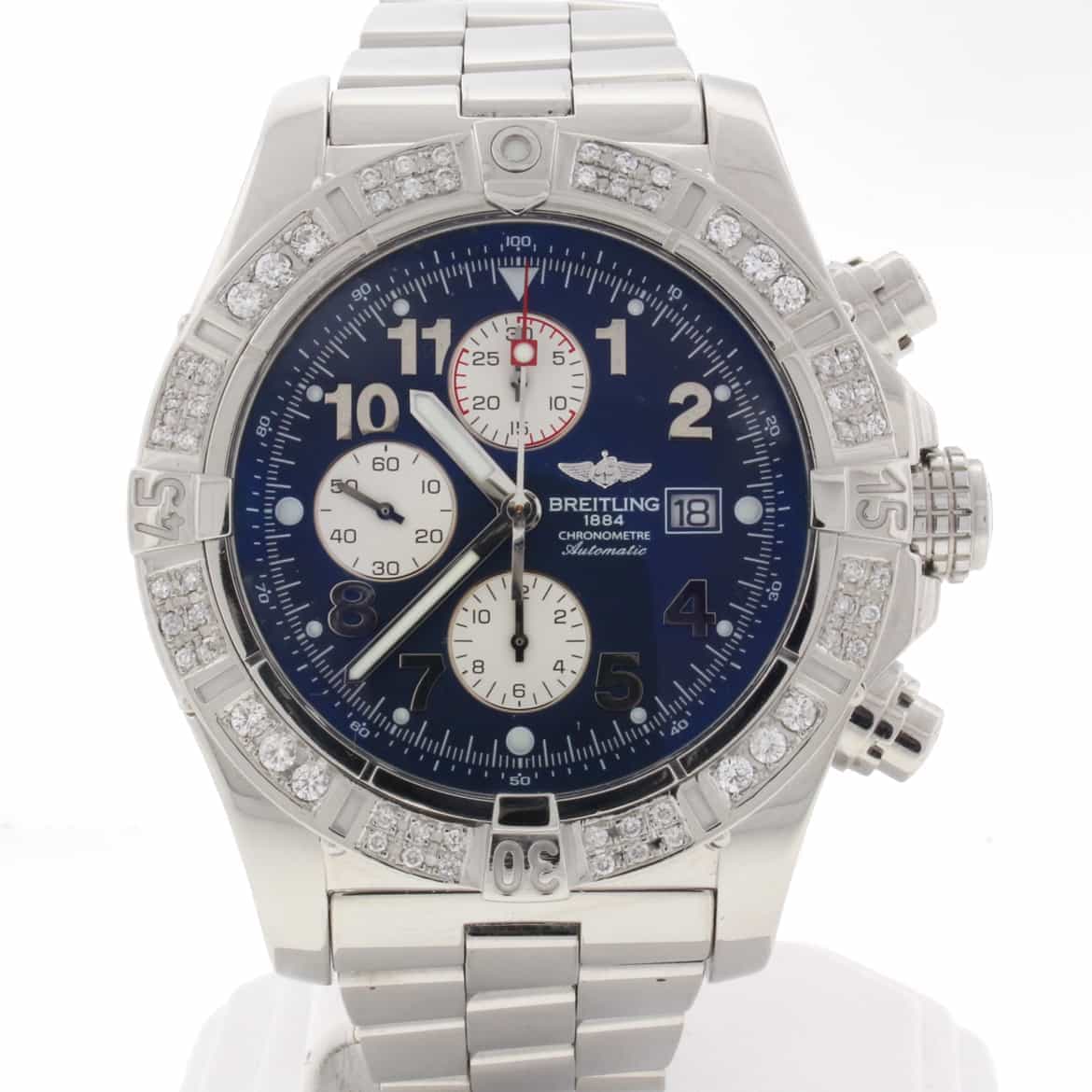 Breitling Super Avenger Chronograph Black Dial 48MM Automatic Stainless Steel Mens Watch with Custom Diamond Bezel A13370