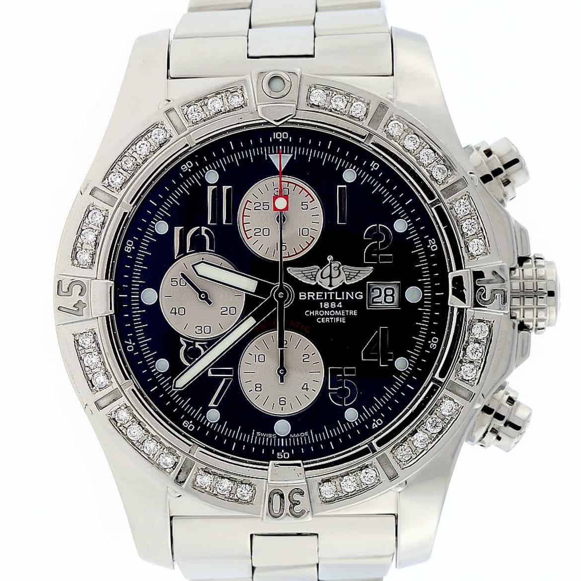 Breitling Super Avenger Chronograph Black Dial 48MM Automatic Stainless Steel Mens Watch with Custom Diamond Bezel A13370 - Image 2