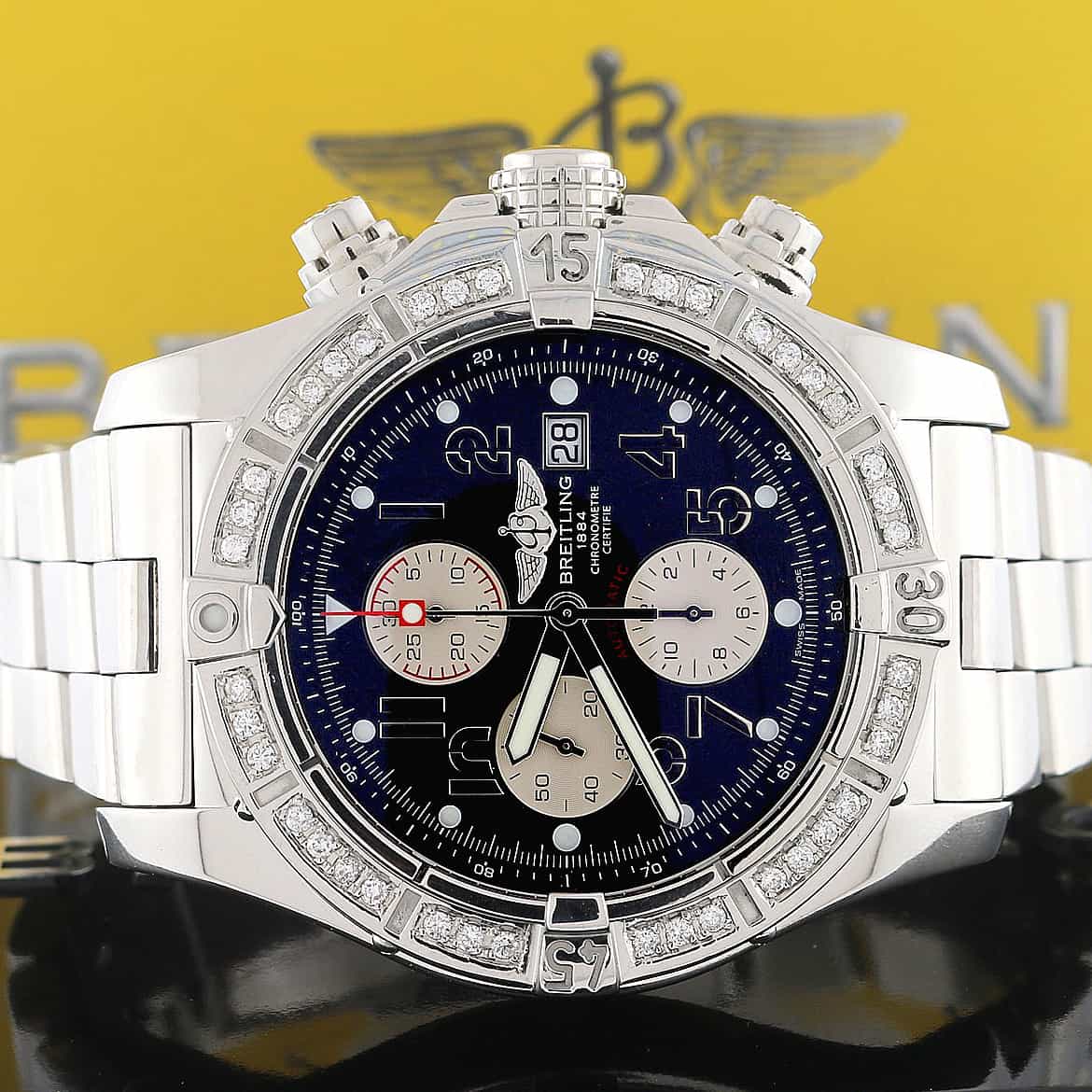 Breitling Super Avenger Chronograph Black Dial 48MM Automatic Stainless Steel Mens Watch with Custom Diamond Bezel A13370 - Image 3
