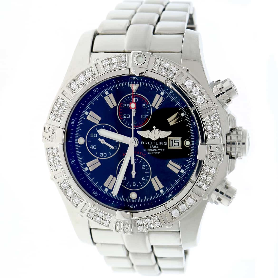Breitling Super Avenger Chronograph Black Dial 48MM Automatic Stainless Steel Mens Watch with Custom Diamond Bezel A13370