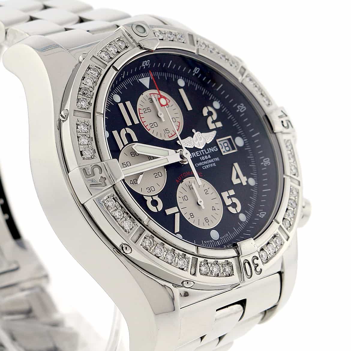Breitling Super Avenger Chronograph Black Dial 48MM Automatic Stainless Steel Mens Watch with Custom Diamond Bezel A13370 - Image 7