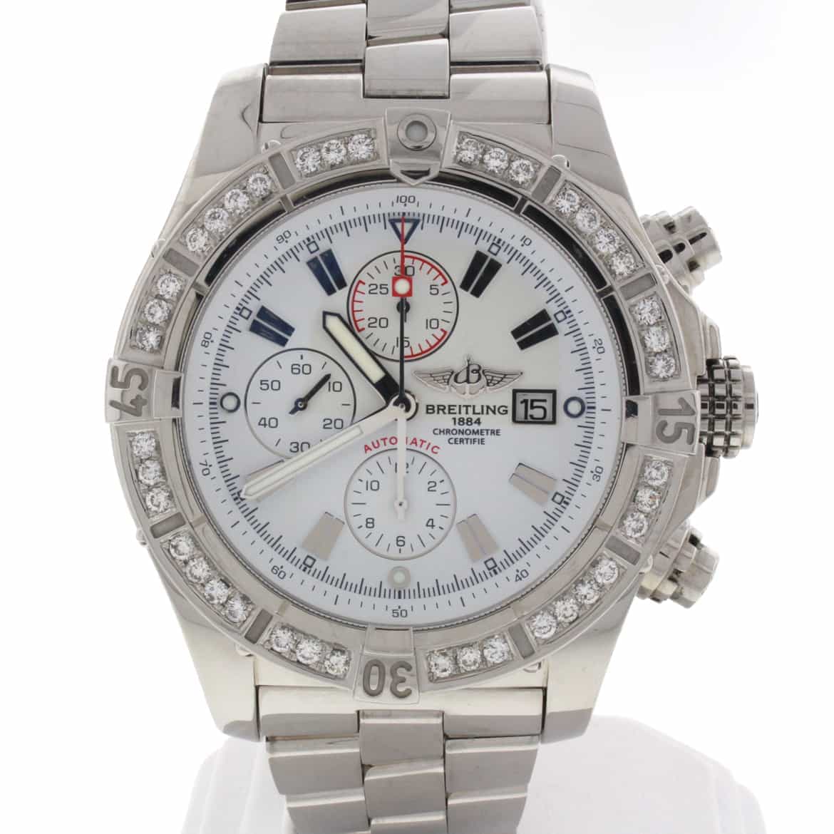 Breitling Super Avenger Chronograph White Dial 48MM Automatic Stainless Steel Mens Watch with Custom Diamond Bezel A13370