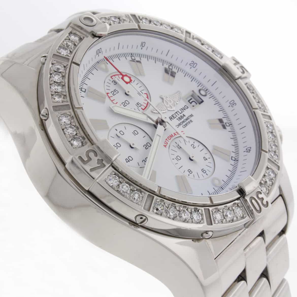 Breitling Super Avenger Chronograph White Dial 48MM Automatic Stainless Steel Mens Watch with Custom Diamond Bezel A13370 - Image 4