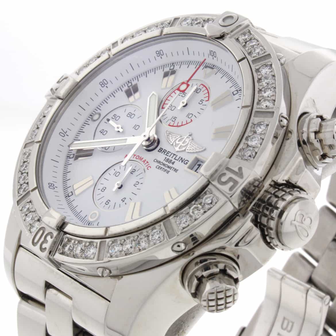 Breitling Super Avenger Chronograph White Dial 48MM Automatic Stainless Steel Mens Watch with Custom Diamond Bezel A13370 - Image 5
