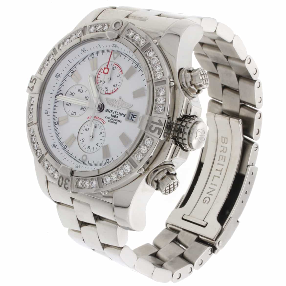 Breitling Super Avenger Chronograph White Dial 48MM Automatic Stainless Steel Mens Watch with Custom Diamond Bezel A13370 - Image 6