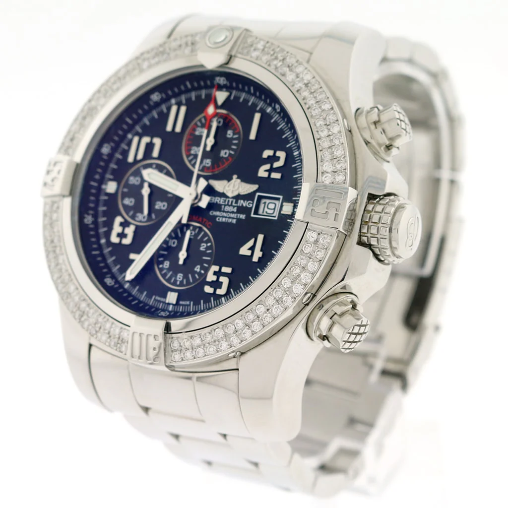 Breitling Super Avenger II Black Dial 48mm Steel Watch A13371 w/Diamond Bezel - Image 3