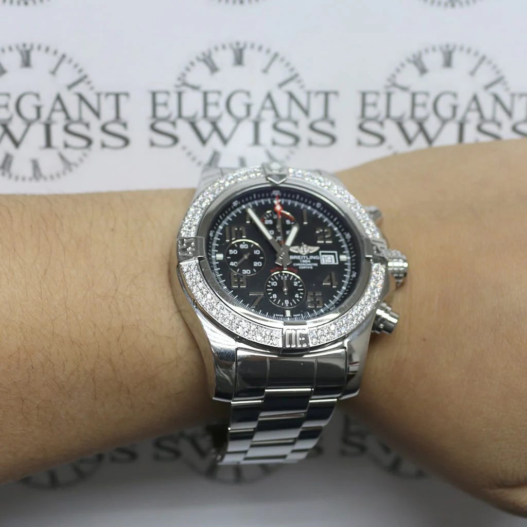 Breitling Super Avenger II Black Dial 48mm Steel Watch A13371 w/Diamond Bezel - Image 4