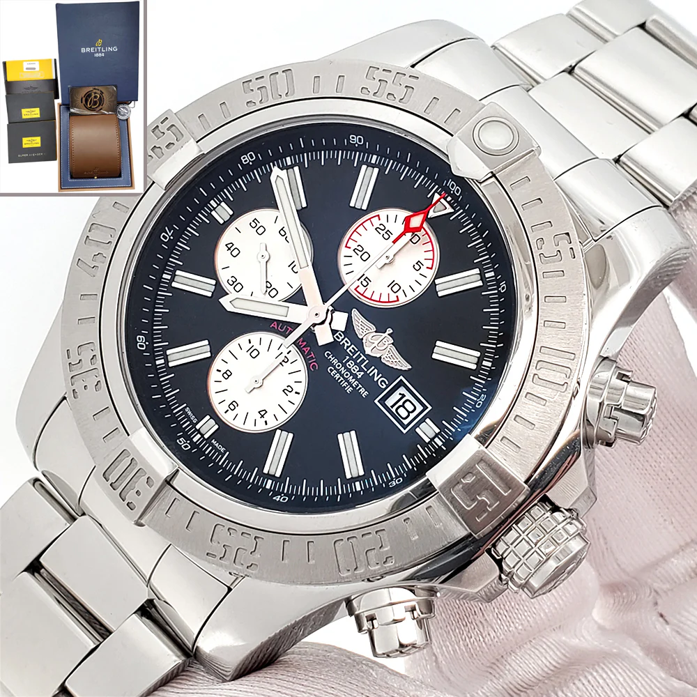 Breitling Super Avenger II Chronograph Black Index Steel 48mm Watch A13371 Box Papers