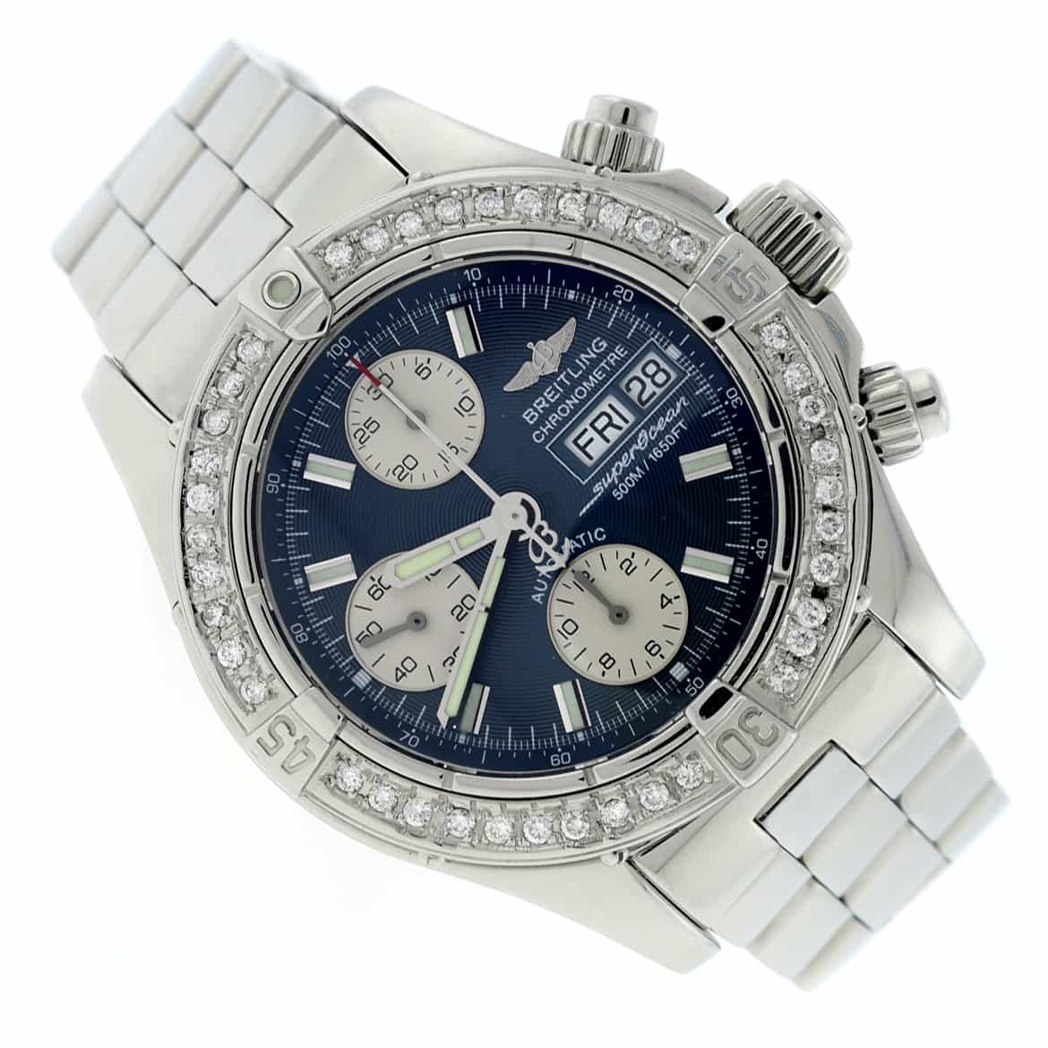 Breitling SuperOcean Chronograph Day Date Blue Dial 42MM Automatic Stainless Steel Mens Watch w/Diamond Bezel A13340 - Image 4