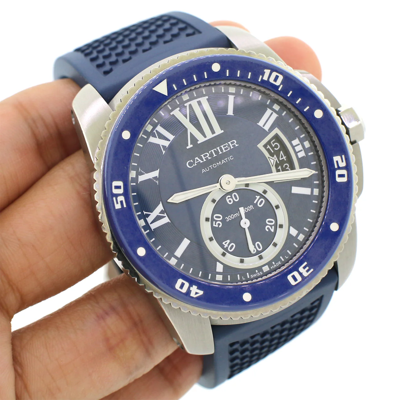 Calibre de Cartier 42 mm Diver Watch/Blue Roman Dial/Blue Rubber Strap/Box&Papers/WSCA0011 - Image 3